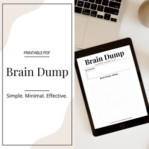 May include: A black tablet displays a "Brain Dump" template with sections for top priorities and notes. The text "Simple. Minimal. Effective." is on a white background. A laptop keyboard is visible in the background.