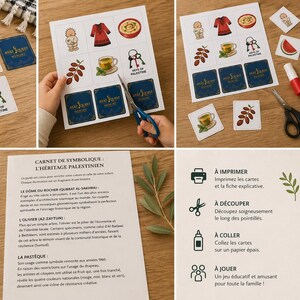 Peut inclure: Un ensemble de cartes illustrées et une feuille imprimée avec du texte en français. Les cartes présentent divers symboles, dont une robe rouge, une tasse de thé et des clés. Le texte sur les cartes indique "AVAT JOLAST MEMORY" et "KEYS OF PALESTINE".