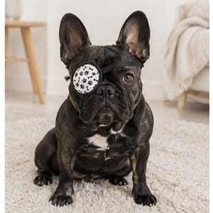 May include: A black French Bulldog with a small patch of white fur on its chest, wearing a white eye patch featuring a black pattern of small paw prints and bones, secured with a thin black elastic strap around its head.