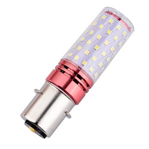 May include: LED light bulb with a clear, cylindrical housing and a red base. The bulb contains numerous small, square LED lights. The base is silver-colored with two metal prongs.