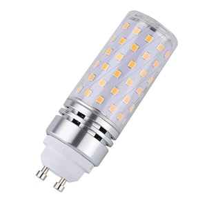 May include: A cylindrical LED corn light bulb featuring a clear plastic housing filled with numerous small, square yellow light-emitting diodes arranged in a spiral pattern, set upon a white base with two metal pins for a GU10 socket connection.