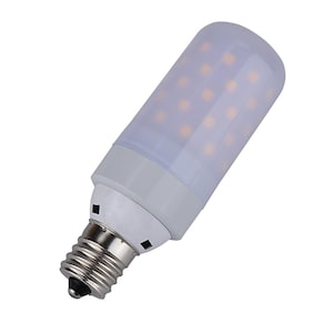 May include: A white LED light bulb with a cylindrical shape. The bulb has a silver base and a clear, frosted plastic cover. The light emits a warm, yellow glow. The bulb is designed for energy-efficient lighting.