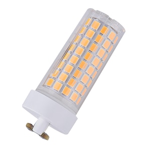 May include: A clear, rectangular LED light bulb with a white base and a small metal connector. The bulb's interior is filled with numerous small, orange-yellow LED lights. The design is modern and efficient, suitable for various lighting applications.