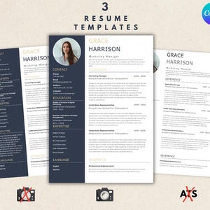 Puede incluir: Tres plantillas de currículum vitae con un diseño moderno. Los currículums tienen un diseño profesional con secciones para información de contacto, educación, experiencia y experiencia. El texto "3 Resume Templates" está en la parte superior.
