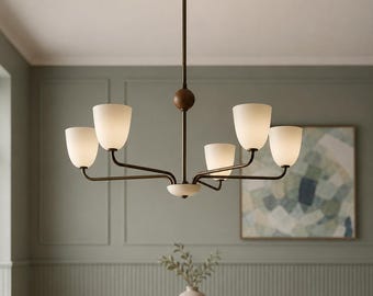 Lustre moderno de meados do século XX em latão, luminária pendente de 5 braços com detalhes em madeira, luminária de teto para sala de jantar, lustre artesanal em estilo italiano.