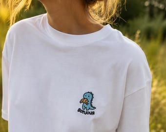 Broderad dinosaurie-t-shirt, söt dinosaurie-tröja, Bonjour-t-shirt, överdimensionerad grafisk t-shirt, ekologisk bomullsskjorta, estetisk present till henne