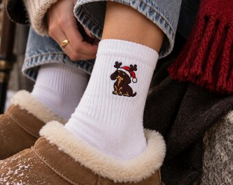 Kerstsokken met teckelmotief | Geborduurde sokken met hondenprint | Leuk kerstcadeau met teckel