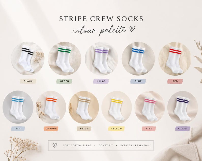 May include: White crew socks with coloured stripes in various colours, including black, green, lilac, blue, red, sky, orange, beige, yellow, pink, and violet. The text "STRIPE CREW SOCKS colour palette" is at the top. The socks are made of a soft cotton blend.
