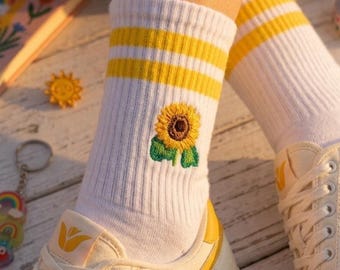 zonnebloemsokken schattige sokken esthetische sokken geborduurde sokken cadeau voor bloemenliefhebber tuinmansokken