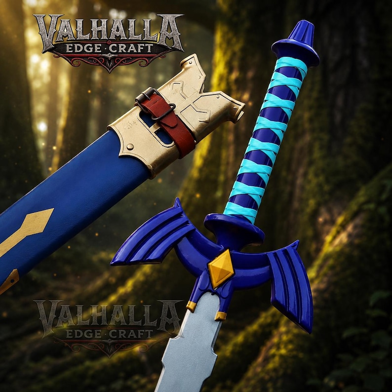 May include: A blue and gold fantasy sword with a silver blade. The hilt is blue with a yellow diamond-shaped accent. The handle is wrapped in blue and turquoise. The scabbard is blue with gold accents and a brown leather strap. The text "VALHALLA EDGE CRAFT" is visible.