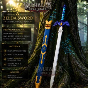 May include: A Zelda sword prop with a stainless steel blade, blue and gold handle, and decorative casing. Total length is 40 inches, main section 30 inches, and handle 10 inches. The sword is displayed against a tree trunk.