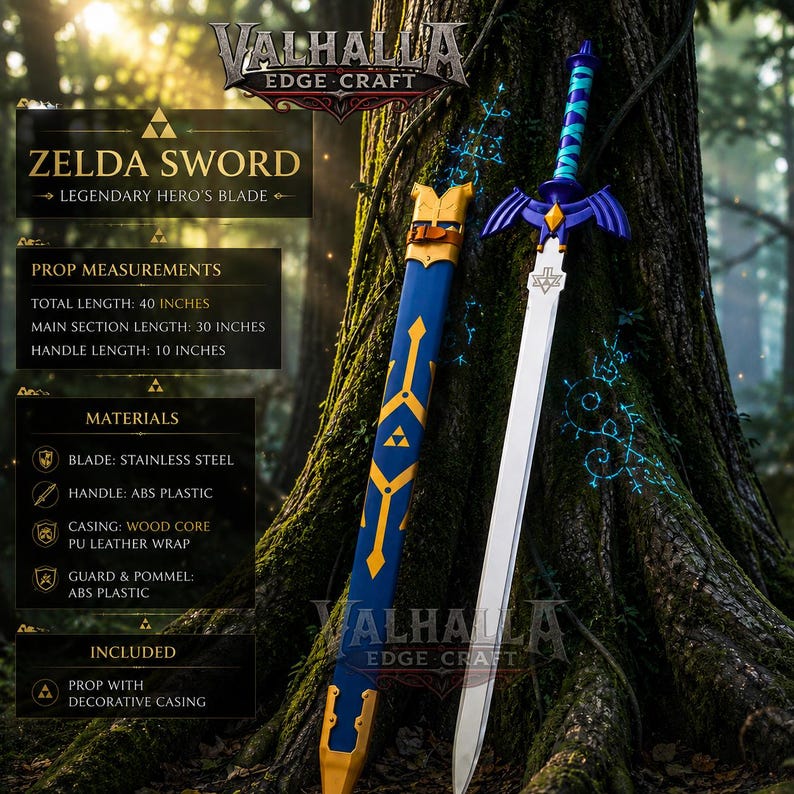May include: A Zelda sword prop with a stainless steel blade, blue and gold handle, and decorative casing. Total length is 40 inches, main section 30 inches, and handle 10 inches. The sword is displayed against a tree trunk.