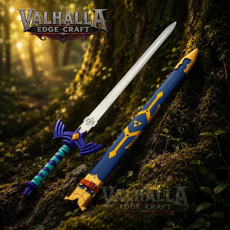 May include: A decorative sword with a silver blade and a blue and gold hilt and scabbard. The hilt has a teal and blue grip. The scabbard is blue with gold accents. The sword is displayed on a mossy tree trunk. The Valhalla Edge Craft logo is visible.