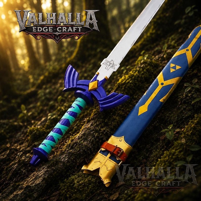 May include: A fantasy sword with a silver blade, blue hilt, and teal grip, alongside a blue sheath with gold accents. The sword features a distinctive design, with the text "VALHALLA EDGE CRAFT" in the upper left and lower right corners.