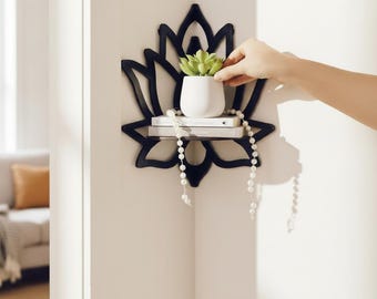 Estantería de pared Lotus, estante de esquina de madera, decoración de pared bohemia, soporte para aceites esenciales, estante de aromaterapia, decoración para meditación, regalo para mujeres