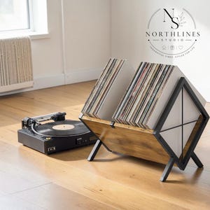 Vinyl Record Storage Holder, LP Record Organiser Rack, Retro Record Collection Stand, Metal & Wood Vinyl Storage, Desktop Album Display