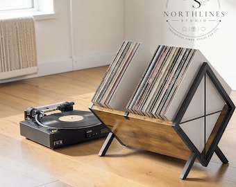 Vinyl Record Storage Holder, LP Record Organiser Rack, Retro Record Collection Stand, Metal & Wood Vinyl Storage, Desktop Album Display