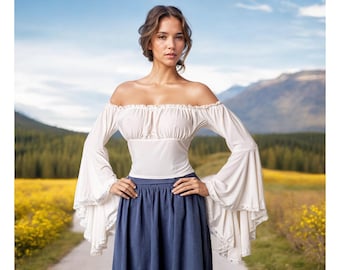 Blusa renacentista, blusa Ren faire, blusa medieval, blusa vampiresa, blusa con mangas trompeta