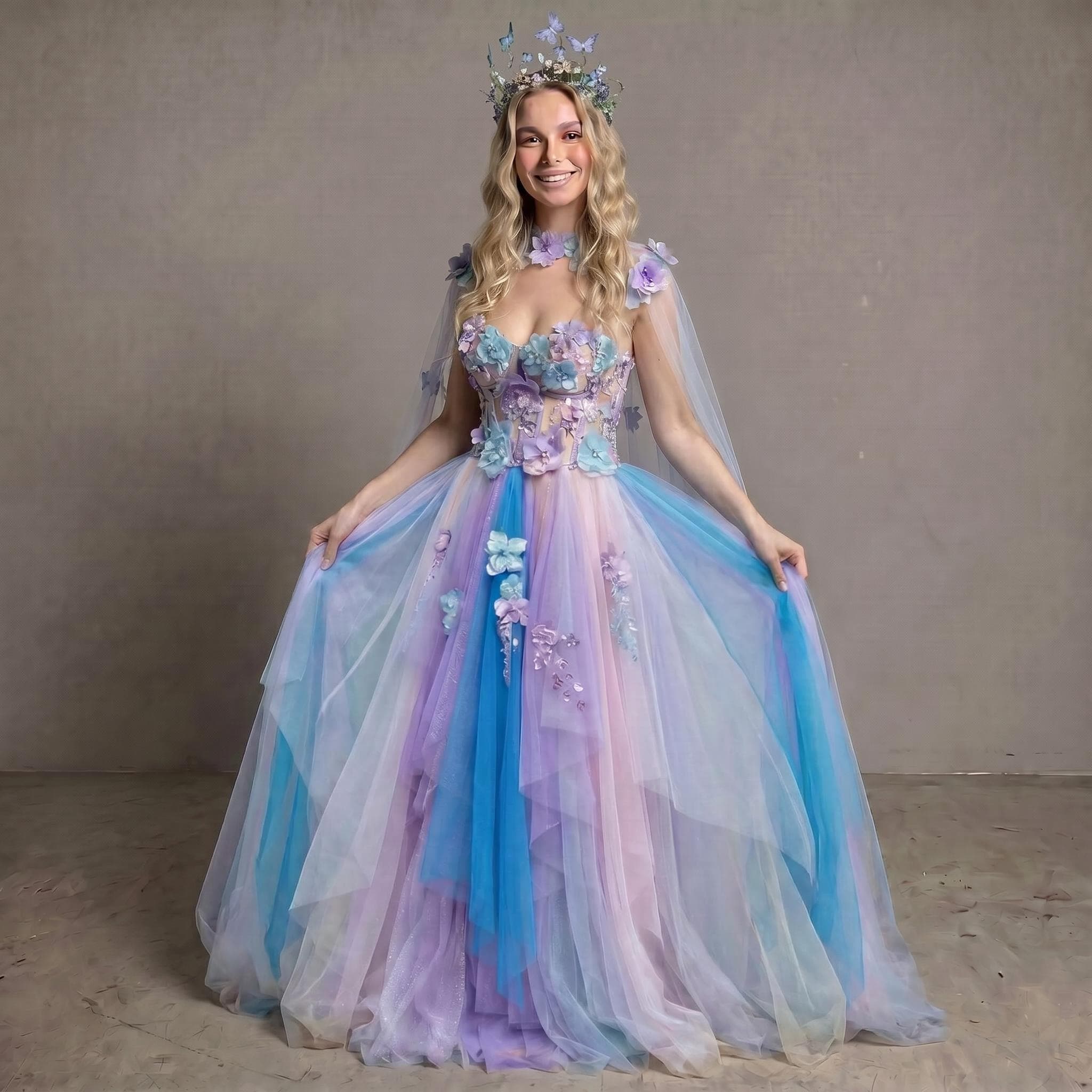 prom dress with tiara Gown with Glitter Tulle and Detachable Bow
