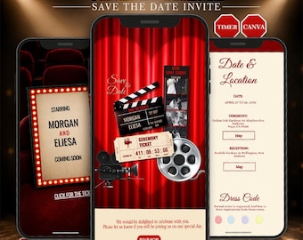 Può includere: Un invito digitale "Save the Date" a tema cinema visualizzato su tre smartphone. Il design presenta tende rosse, un ciak cinematografico, una bobina di film e un biglietto. Il testo include "Cinema Theme" e "Starring Morgan and Eliesa".