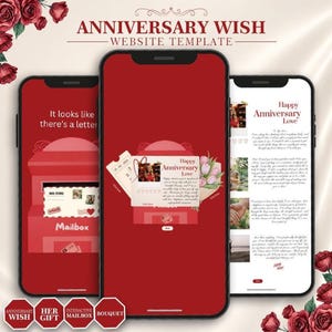 Plantilla web de aniversario, invitación tipo carta de amor en Canva con diseño de buzón interactivo