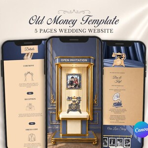 Może przedstawiać: Cyfrowy szablon strony internetowej ślubnej z trzema ekranami smartfonów w kolorystyce granatowo-kremowej. Projekt zawiera tekst, taki jak Old Money Template, 5 Pages Wedding Website, Open Invitation, Details, Ceremony, Reception oraz Dress Code.