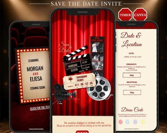 Save Date Website, Cinema Theme Canva Wedding Site with Mobile RSVP
