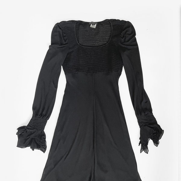 BEBE Y2K Goth Fairy BLACK Semi Sheer Layered Puff Sleeve Empire Midi Knee Length Mesh Dress SMALL Vintage