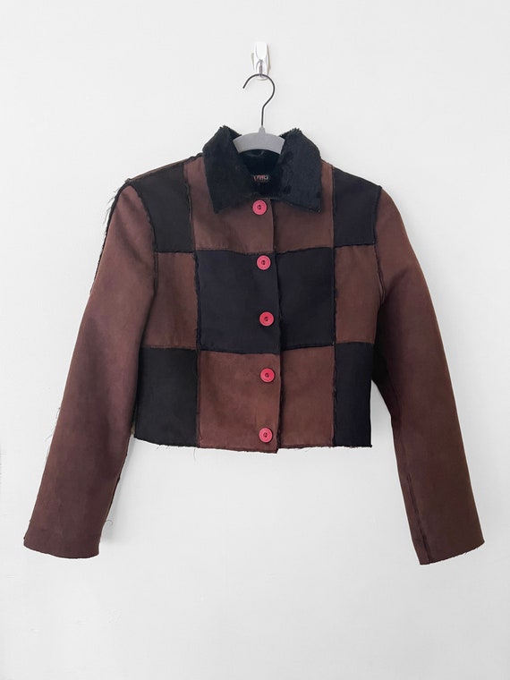 Y2K Vintage PATCHWORK Black Brown Faux Suede Crop 