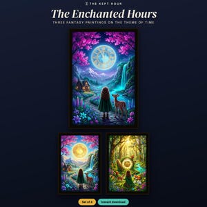 May include: A set of three digital art prints titled The Enchanted Hours, featuring fantasy landscapes with clocks, a person in a green cloak, and a deer. The text reads THE KEPT HOUR, The Enchanted Hours, THREE FANTASY PAINTINGS ON THE THEME OF TIME.