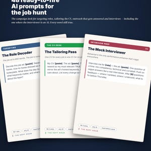 Può includere: Tre carte rettangolari bianche con intestazioni colorate intitolate The Role Decoder in blu, The Tailoring Pass in verde e The Mock Interviewer in rosso. Il testo include suggerimenti per la ricerca di lavoro con piccoli pulsanti in basso.