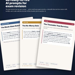 Pode incluir: Um conjunto de três cartões retangulares brancos intitulados 48 ready-to-fire AI prompts for exam revision. Os cartões apresentam cabeçalhos azul, dourado e vermelho rotulados como Understand, Test Me e Plan, com texto e pequenos botões.