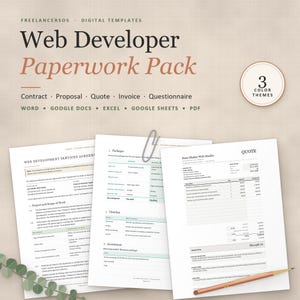 May include: A digital template pack for web developers featuring a contract, proposal, quote, invoice, and questionnaire. The documents are compatible with Word, Google Docs, Excel, Google Sheets, and PDF, and include three color themes.