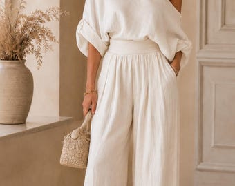 White Linen Two Piece Set, Off Shoulder Summer Outfit