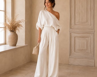 White Linen Two Piece Set, Off Shoulder Summer Outfit