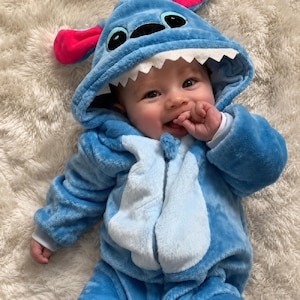 May include: A baby in a blue plush jumpsuit with a cartoon character hood. The hood features large eyes, a white jagged mouth, and pink and blue ears. The jumpsuit has a light blue belly and a zip closure.