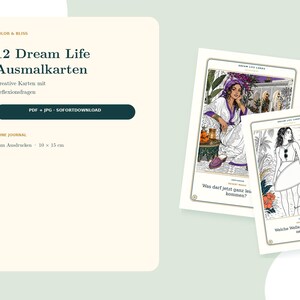 Puede incluir: Un conjunto de 12 tarjetas para colorear Dream Life Ausmalkarten con ilustraciones creativas y preguntas de reflexión. Las tarjetas están diseñadas para imprimirse en 10 x 15 cm e incluyen archivos PDF y JPG para descarga inmediata.