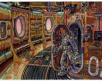 Kris Kelvin llegando a la estación Solaris - Obra de arte original en gouache