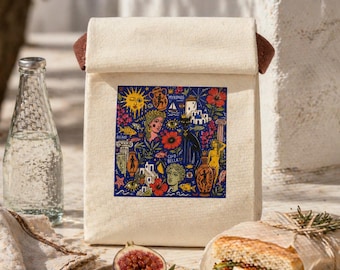 Bolsa de almuerzo de lona con ilustración mediterránea
