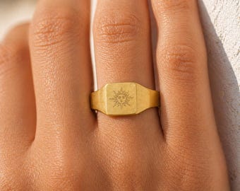 Anillo de sello con forma de rostro solar bañado en oro de 18 quilates, acero quirúrgico, resistente al agua, inspirado en Mykonos.