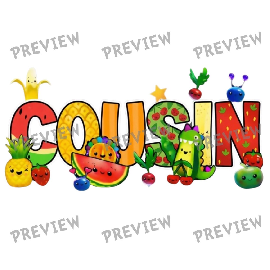 COUSIN Adorable Fruit Letters SVG PNG | Kawaii Watermelon Pineapple ...