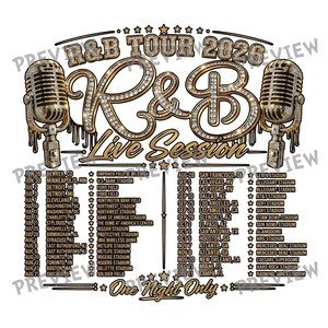May include: Gold and diamond-studded R&B Tour 2026 poster with microphone graphics. The poster lists tour dates and locations, including Denver, Detroit, and Los Angeles. The phrase "Live Session" is featured prominently.