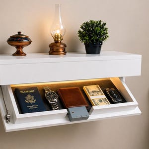 Könnte beinhalten: Eine weiße, an der Wand montierte, schwebende Ablage mit einer versteckten Schublade. Die offene Schublade zeigt einen Reisepass, eine Uhr, eine Geldbörse, Bargeld und Autoschlüssel. Eine kleine Topfpflanze, ein dekoratives Gefäß und eine Lampe stehen oben.