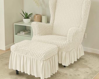 Seersucker Wing Chair Cover Stretch Wingback Slipcover
