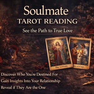 Pode incluir: Imagem que promove uma Leitura de Tarot de Alma Gêmea. A cena inclui velas acesas, rosas e cartas de tarot com os dizeres "The Lovers" e "Two of Cups". O texto inclui "See the Path to True Love" e marcadores: Descubra para quem você está destinado, obtenha informações sobre seu relacionamento e revele se é a pessoa certa.