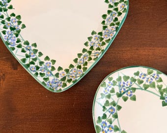 Vintage Mesa International Heart Shaped Plates – Green Ivy Pattern – Handcrafted in Hungary – Signed – Set of 6 Cottagecore Dining Decor