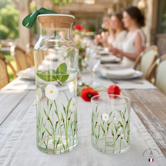 Handbemalte Glaskaraffe und passende Gläser, einzigartiges handgefertigtes Set, Hochzeitsgeschenk, originelles Geschenk aus Frankreich, Muttertag, Tischdekoration