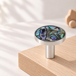 May include: A circular cabinet knob featuring a polished silver-toned metal base and a flat, round inlay of iridescent abalone shell. The shell displays a swirling, natural pattern of deep blues, greens, and purples with a smooth, reflective finish.