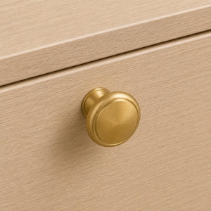 May include: A circular brass cabinet knob with a brushed metallic finish and a stepped edge detail, mounted on a light-colored wood grain surface. The knob features a smooth, slightly domed center and a defined circular rim around its perimeter.