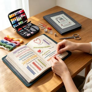 Puede incluir: Un estuche negro con cremallera lleno de carretes de hilo de colores y herramientas, un libro de tela gris oscuro con un diseño de casa bordado y un libro guía de puntos de bordado abierto con varias madejas de hilo de colores cerca.